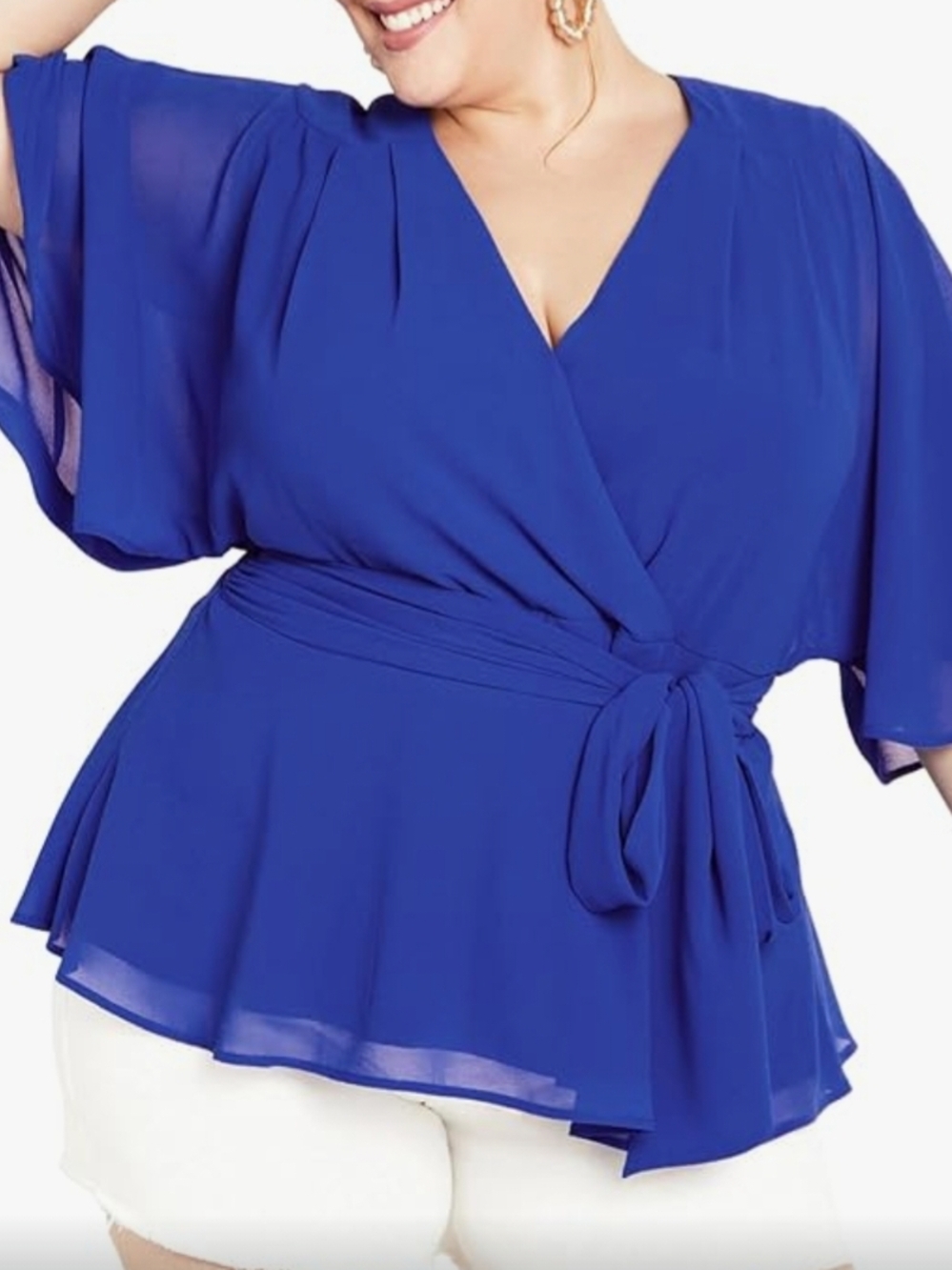 City Chic Royal Blue Wrap Peplum Blouse with Self Tie Sz Xl